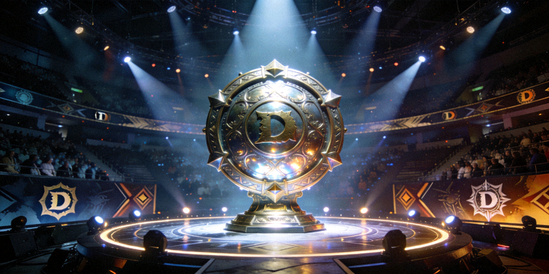 DOTA2国际邀请赛TI主舞台 - 巨大的冠军神盾奖杯在聚光灯下闪耀