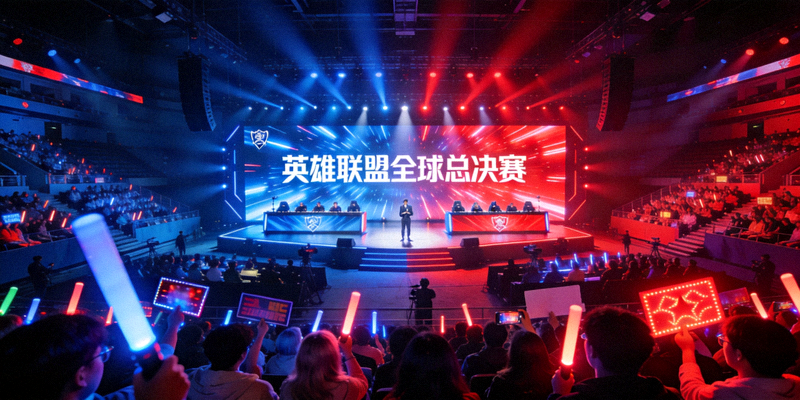 英雄联盟全球总决赛现场盛况 - 巨大的舞台与绚丽的灯光下，观众席座无虚席